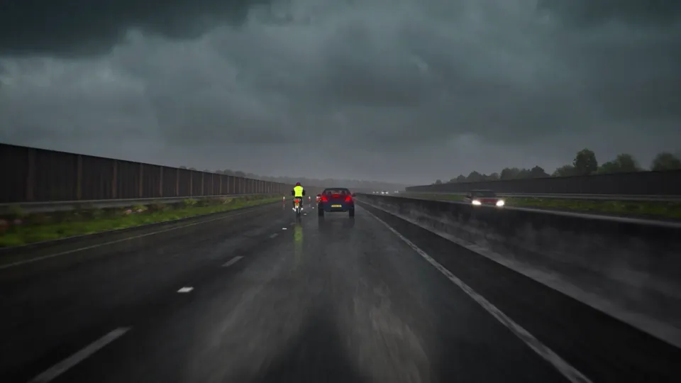 A wet dual carriageway in heavy rain under a dark stormy sky, with a central barrier, roadside noise barriers and traffic cones lining the lane.