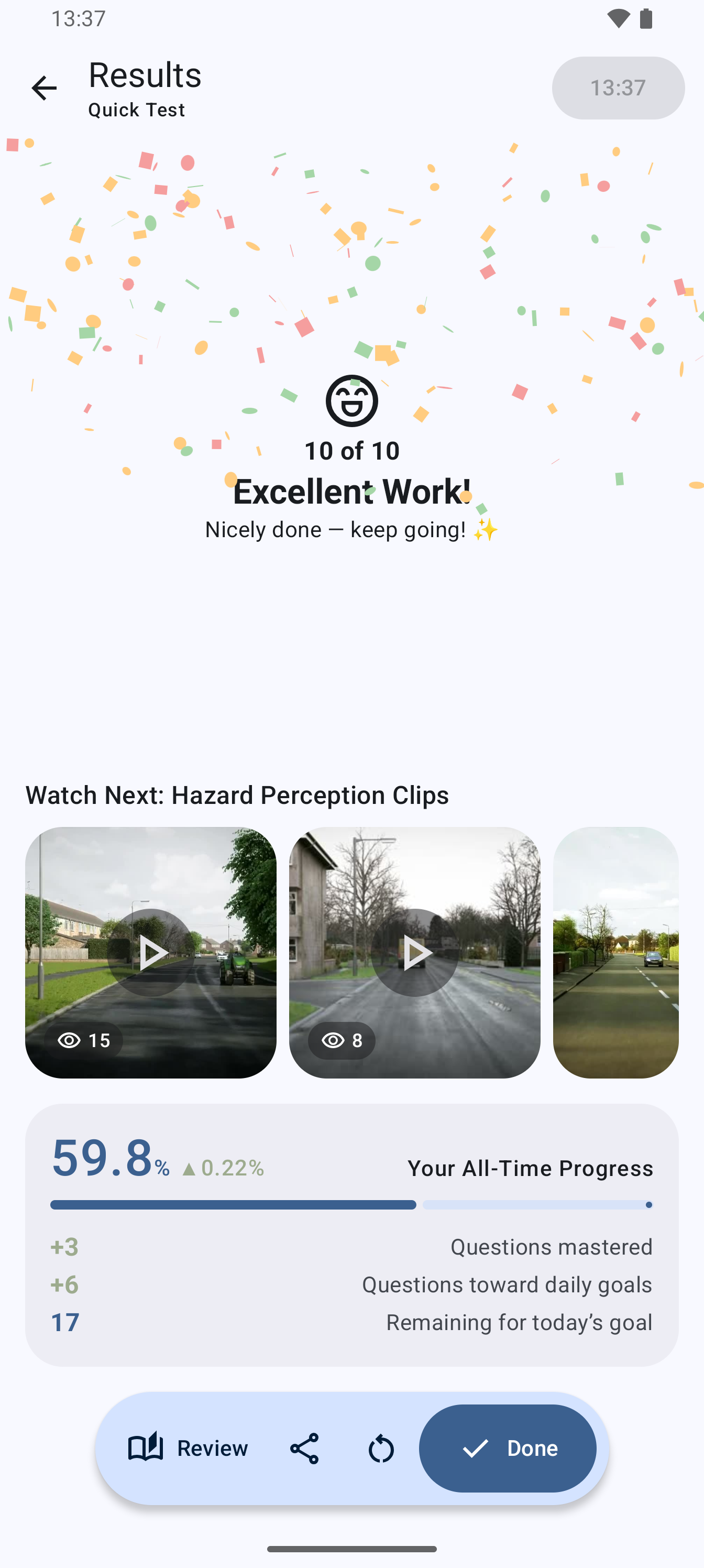 DVSA mock theory test results screen in the app