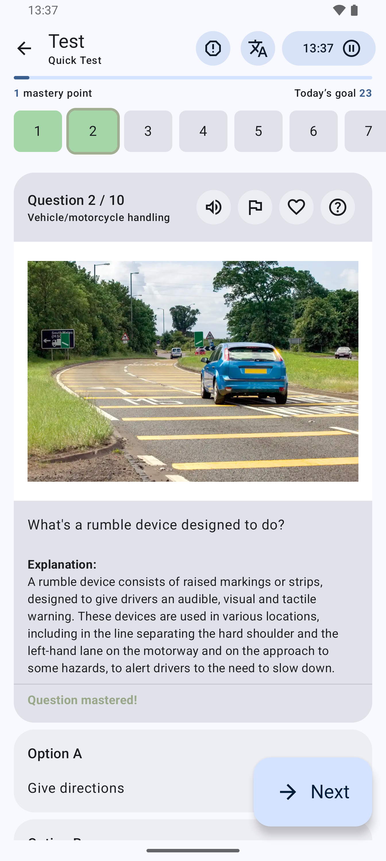 DVSA mock theory test question with a road photo and explanation in the app
