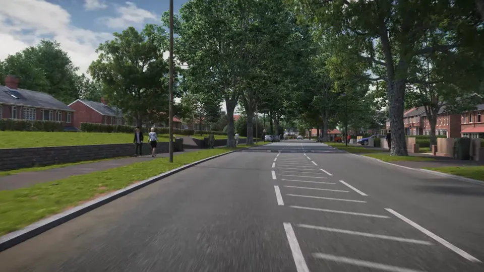 A broad suburban avenue lined with large mature trees and red-brick houses behind low walls, with zebra crossings and Belisha beacons.