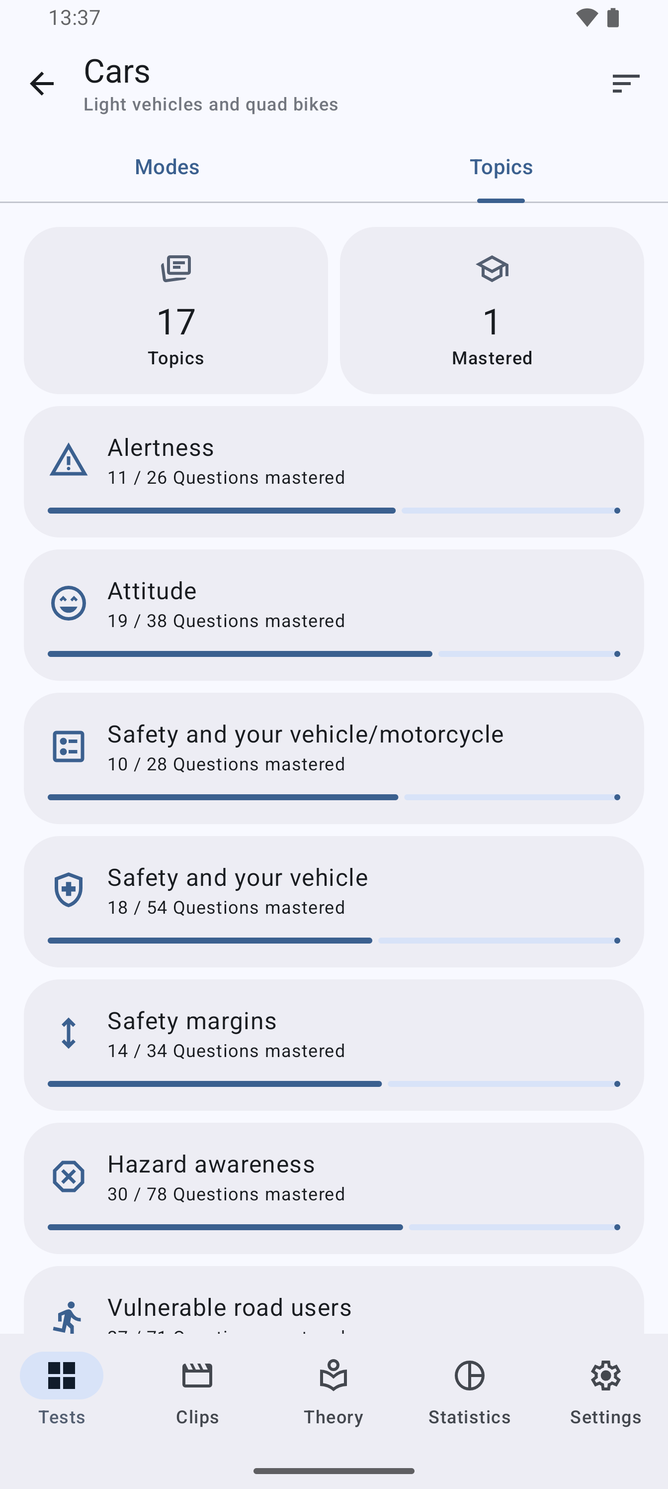 DVSA theory test topics with mastery progress in the app