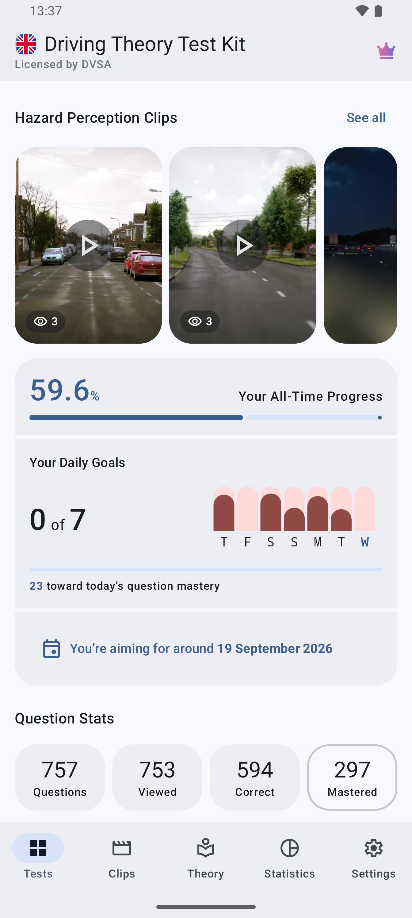 Driving Theory Test Kit UK app home screen with daily progress