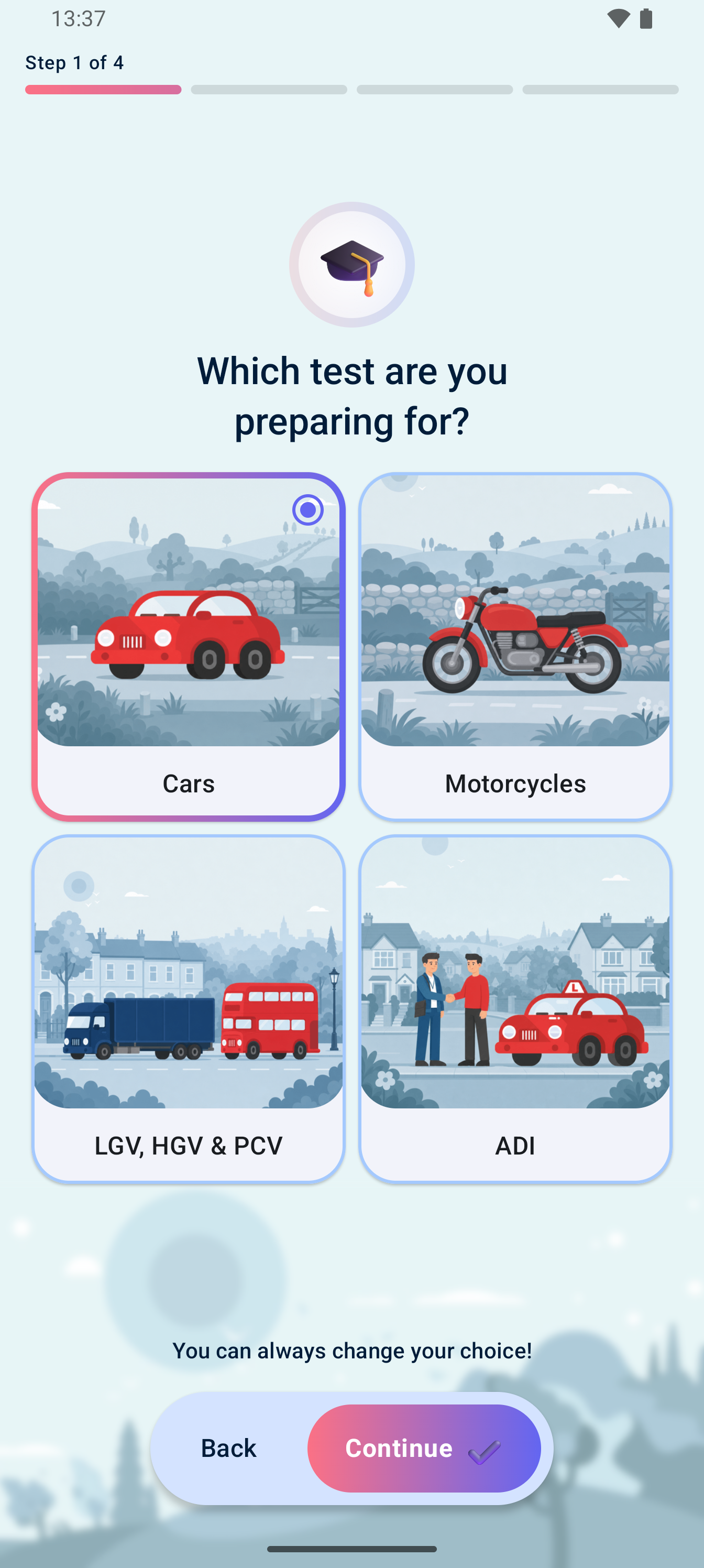 Choosing a DVSA theory test category in the app