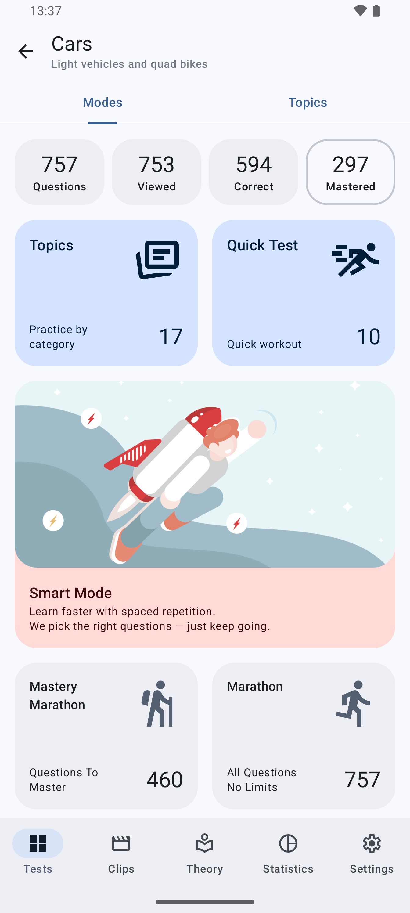 Theory test practice modes and smart practice in the app
