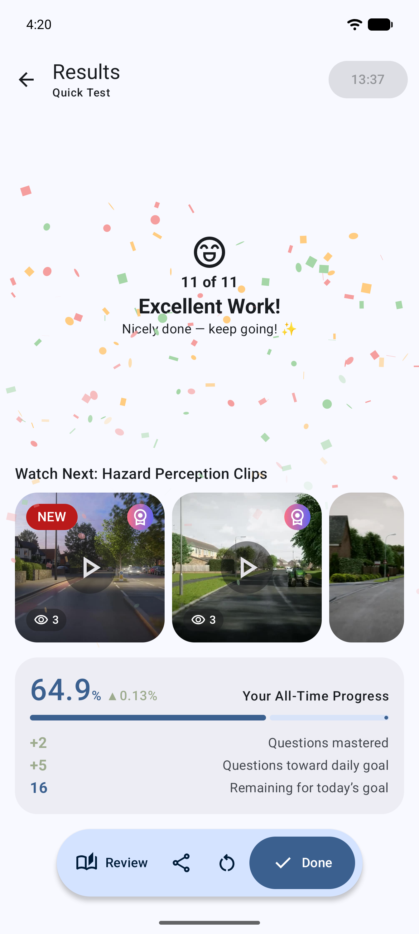 App screen: mock test results