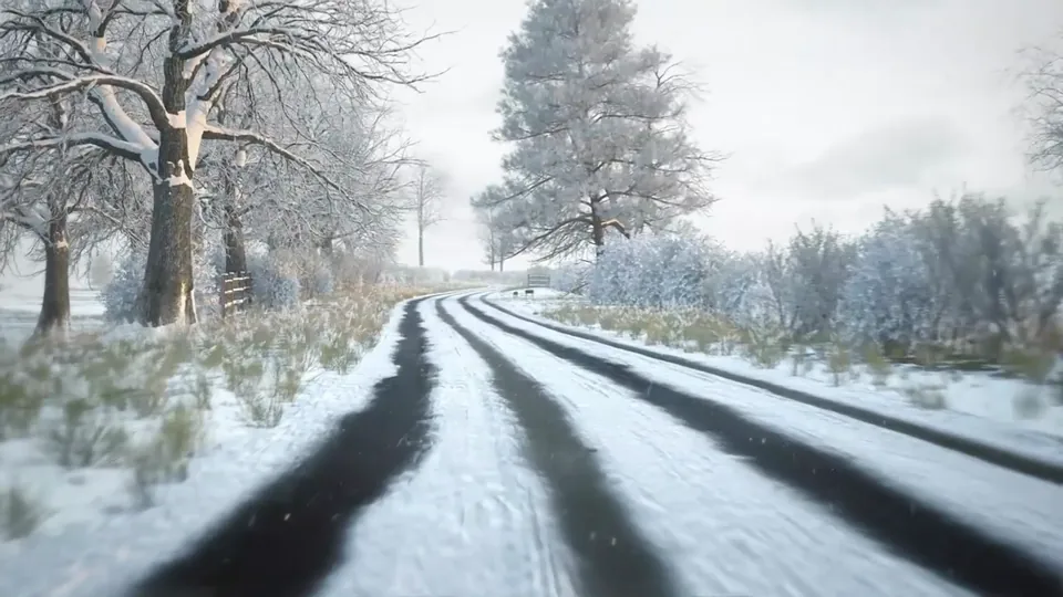 A snow-covered rural lane winds across open frosted farmland past frost-rimed bare trees, wooden field gates and snow-dusted hedgerows.