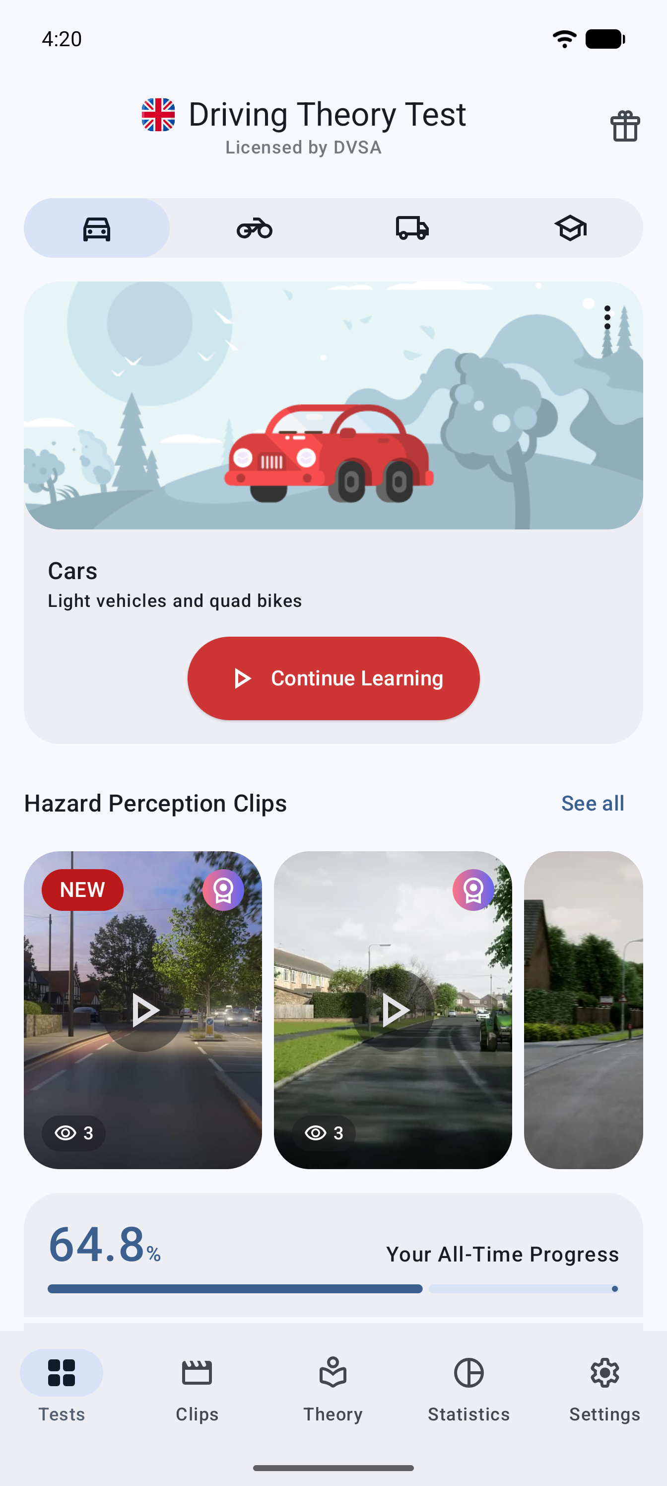 Driving Theory Test Kit UK app home screen