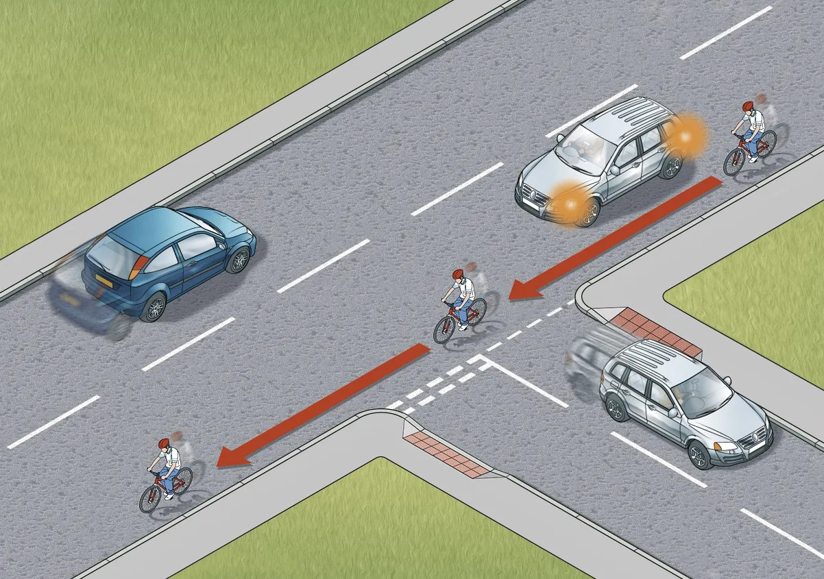 Rule H3: Wait for the cyclist to pass the junction before turning. This also applies if there is a cycle lane or cycle track and if you are turning right or left into the junction.