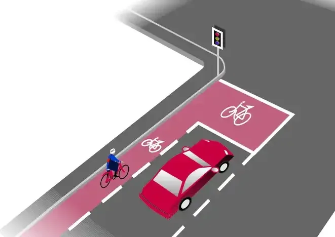 Illustration for the question: As your student's approaching this junction, the green light changes to amber. What should they do if they're unable to stop at the first white line?
