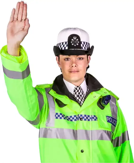 Illustration for the question: You're approaching a junction where the traffic lights are not working. What should you do when a police officer gives this signal?