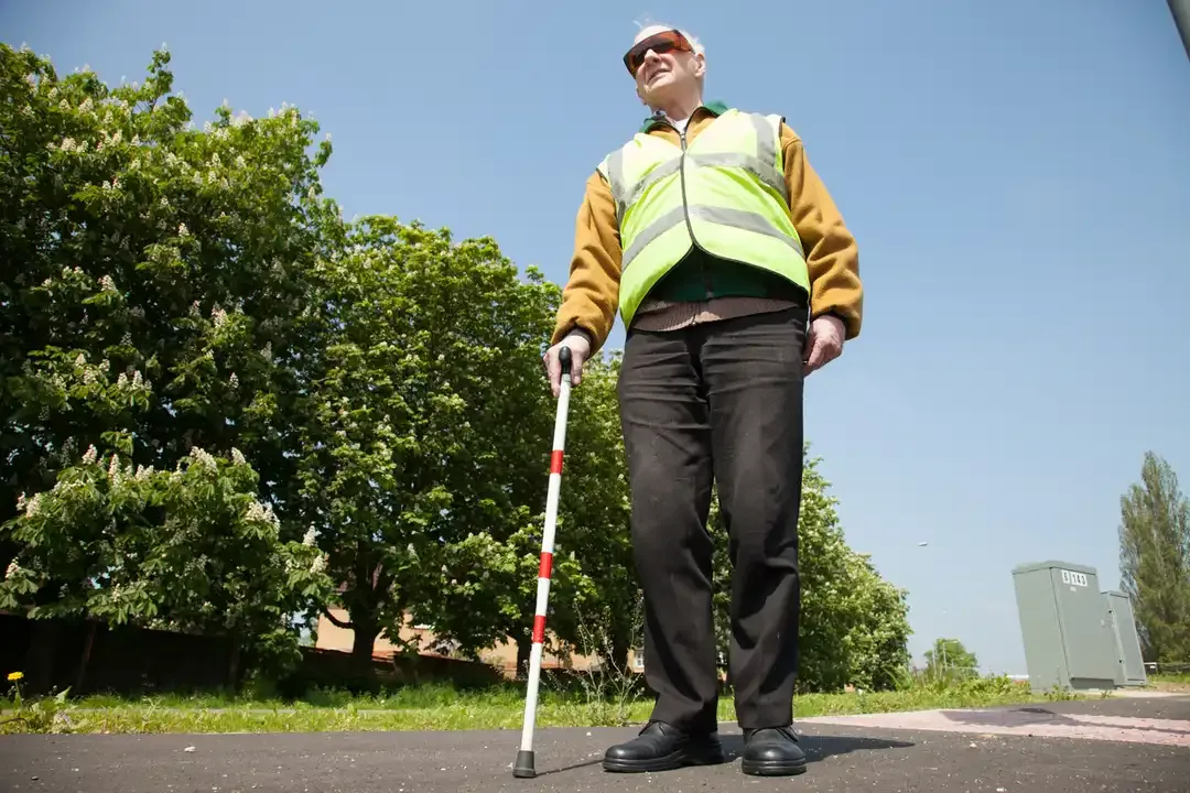 Illustration for the question: You see a pedestrian carrying a white stick that also has a red band. What does this mean?