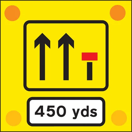 Signs used on the back of slow-moving or stationary vehicles warning of a lane closed ahead by a works vehicle. There are no cones on the road.