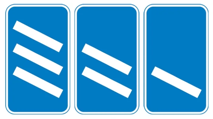 ‘Countdown’ markers at exit from motorway (each bar represents 100 yards to the exit). Green-backed markers may be used on primary routes and white-backed markers with black bars on other routes. At approaches to concealed level crossings white-backed markers with red bars may be used. Although these will be erected at equal distances the bars do not represent 100 yard intervals.
